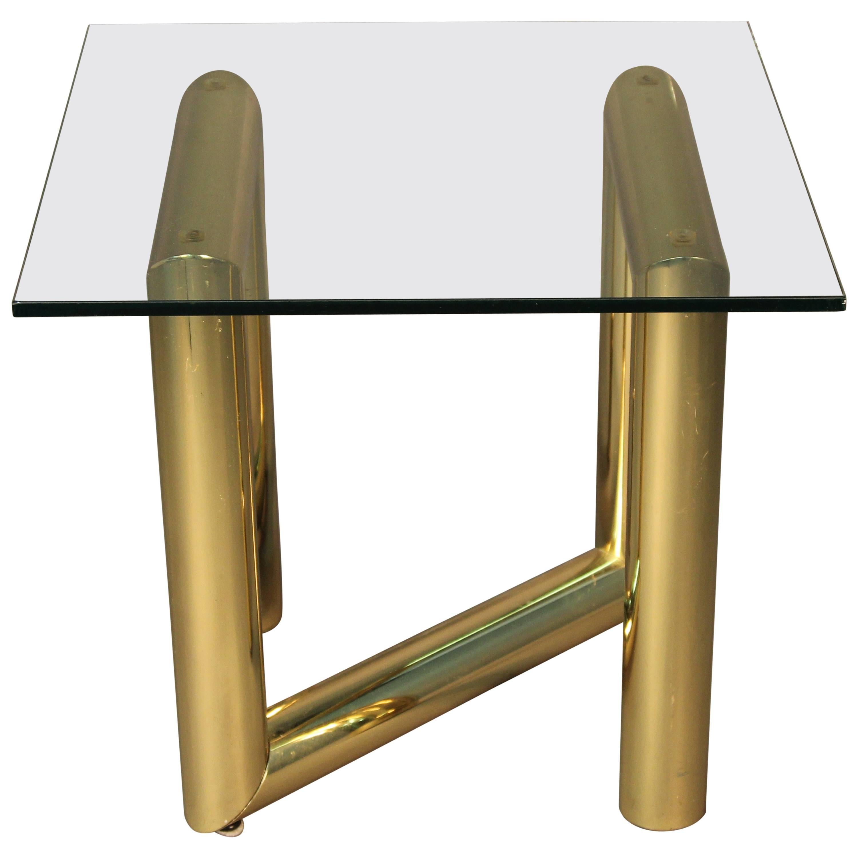 Brass Tubular Side Table with Heavy Glass Top For Sale