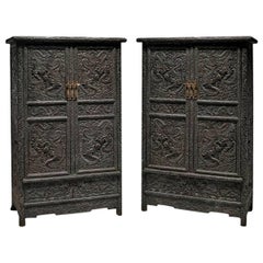 Pair of Tall Chinese Zitan Wood Cabinets Featuring Hand Carved Dragons