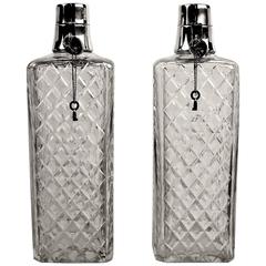 Paar Art Deco Hawkes Cut Glas & Sterling Silber Cocktail Bar Dekanter w Schlösser