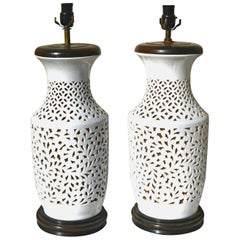 Pair of Large Pierced Porcelain Blanc de Chine Table Lamps