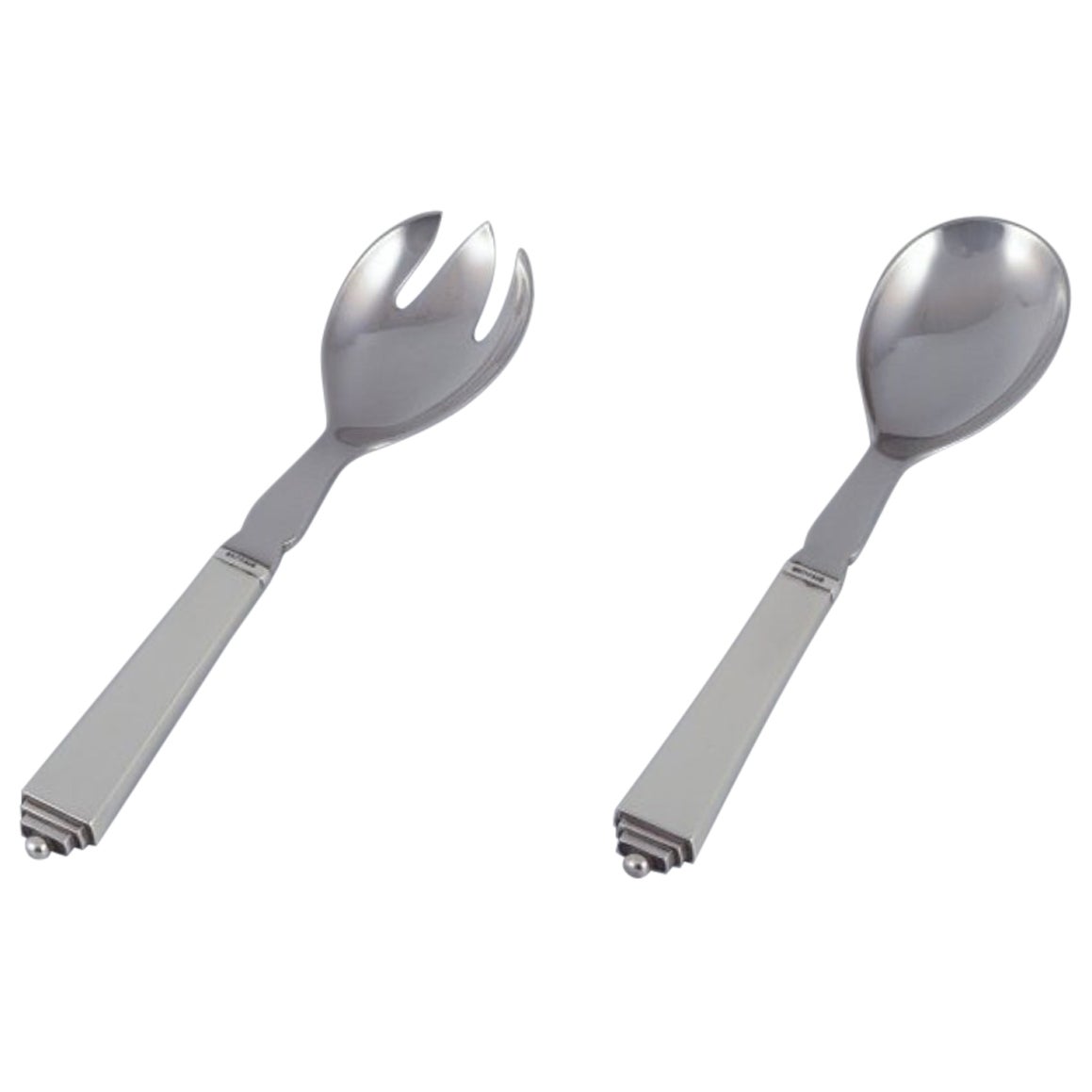 Georg Jensen. Set da insalata a piramide in argento e acciaio inossidabile.