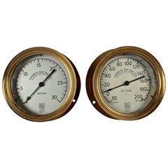 Used Pair of Steampunk Brass Industrial Architectural Pressure Gauges