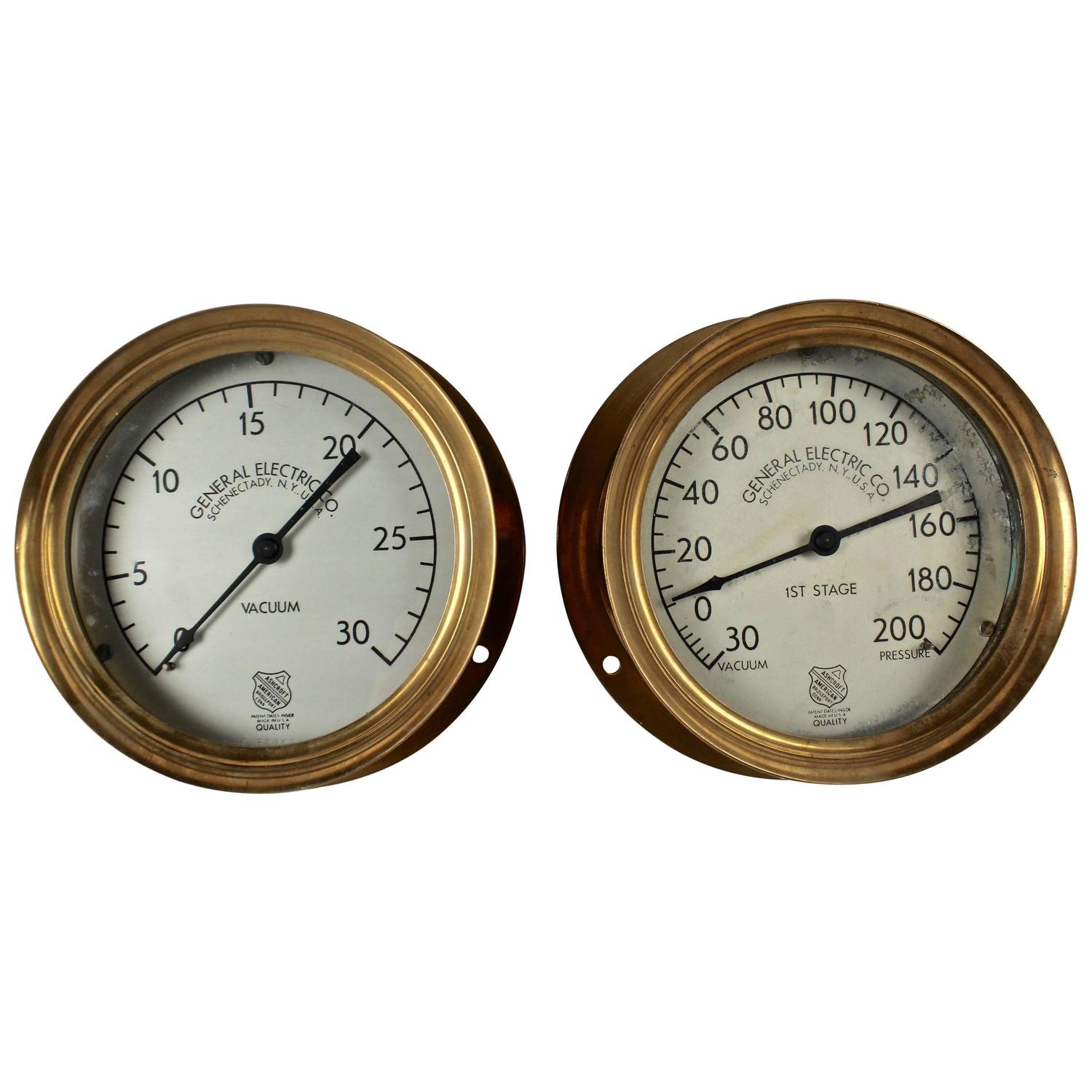 Pair of Steampunk Brass Industrial Architectural Pressure Gauges For