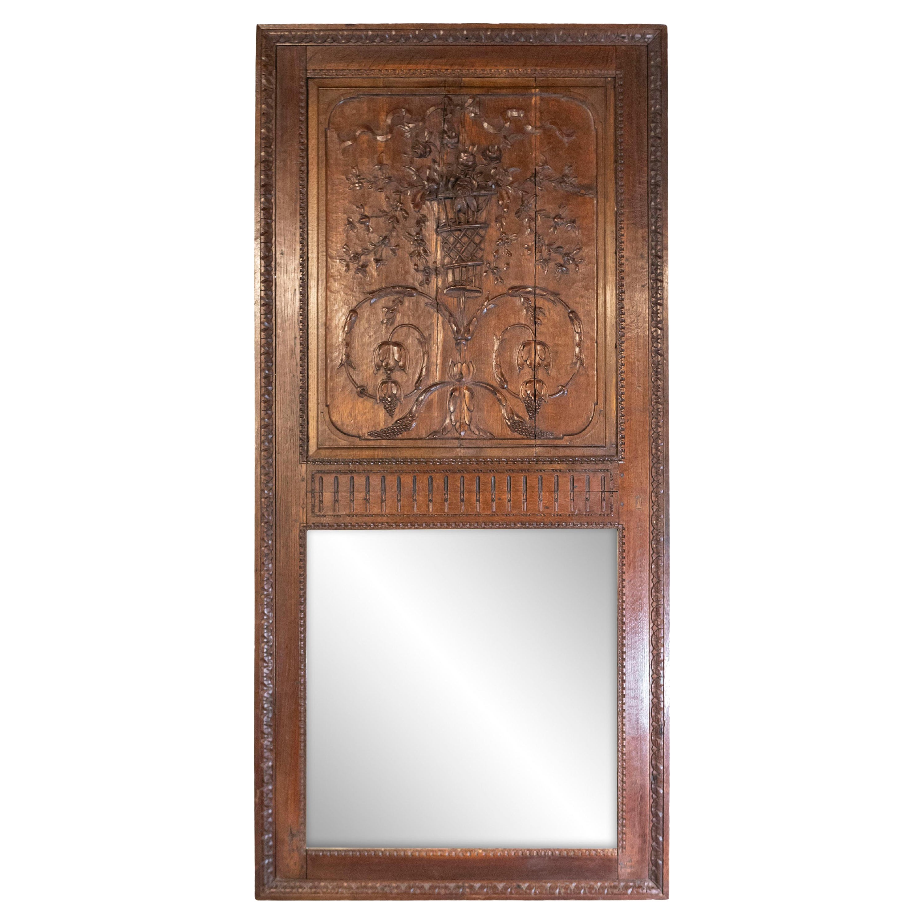French 1750s Oak Trumeau Mirror with Large Carved Rinceaux and Floral Bouquet
