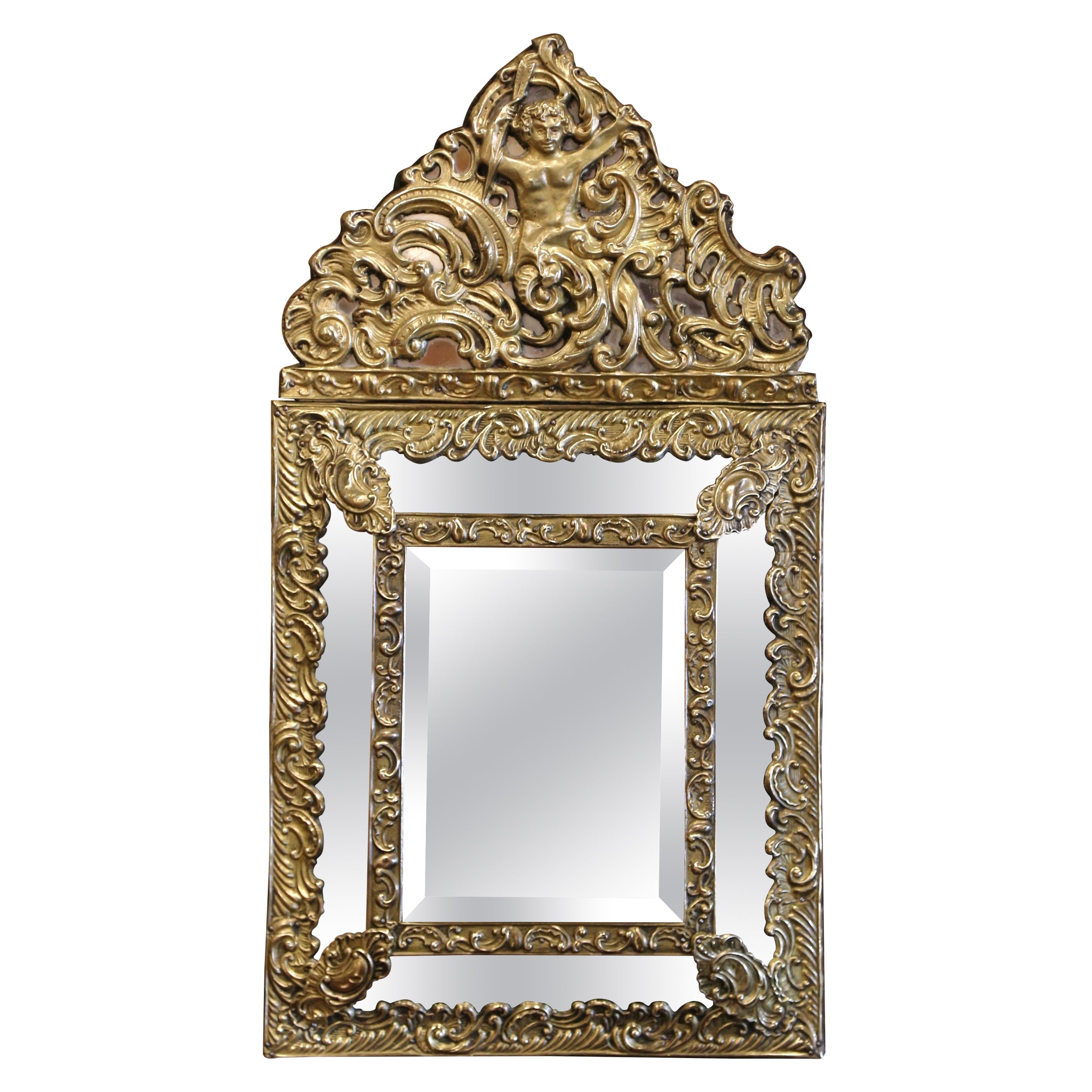 19th Century French Napoleon III Repousse Brass Beveled Overlay Wall Mirror