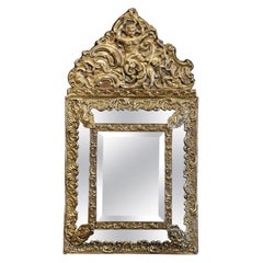 19th Century French Napoleon III Repousse Brass Beveled Overlay Wall Mirror