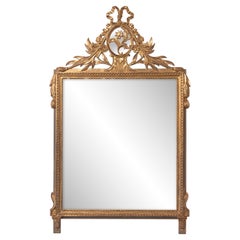 Louis XVI Style Gilt Wood Mirror with Floral Carved Medallion Crest and Tassels