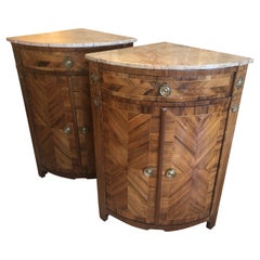 Pair of Fine Mixed Wood Inlay Corner Cabinets with Caramel Marble Tops