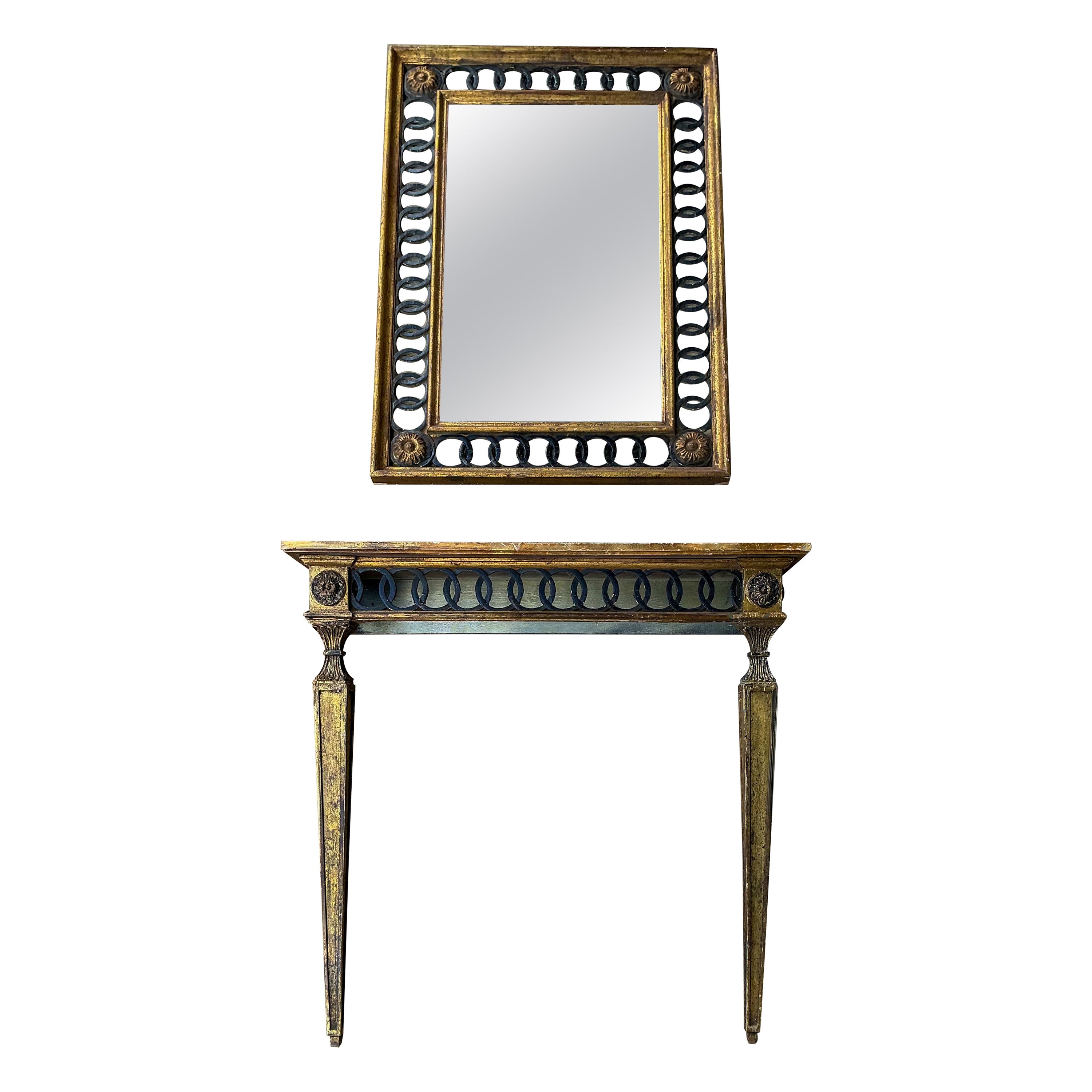 Italienische Neo-Klassik Stil geschnitzt Giltwood Spiegel & Faux Marmor Konsolentisch