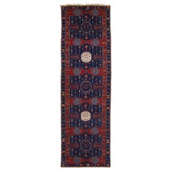 Antique Caucasian Dagestan Handmade Wool Runner In Blue Color With Tribal Motif