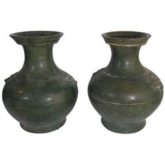 Pair of Large Beautiful Green Han Dynasty Urns
