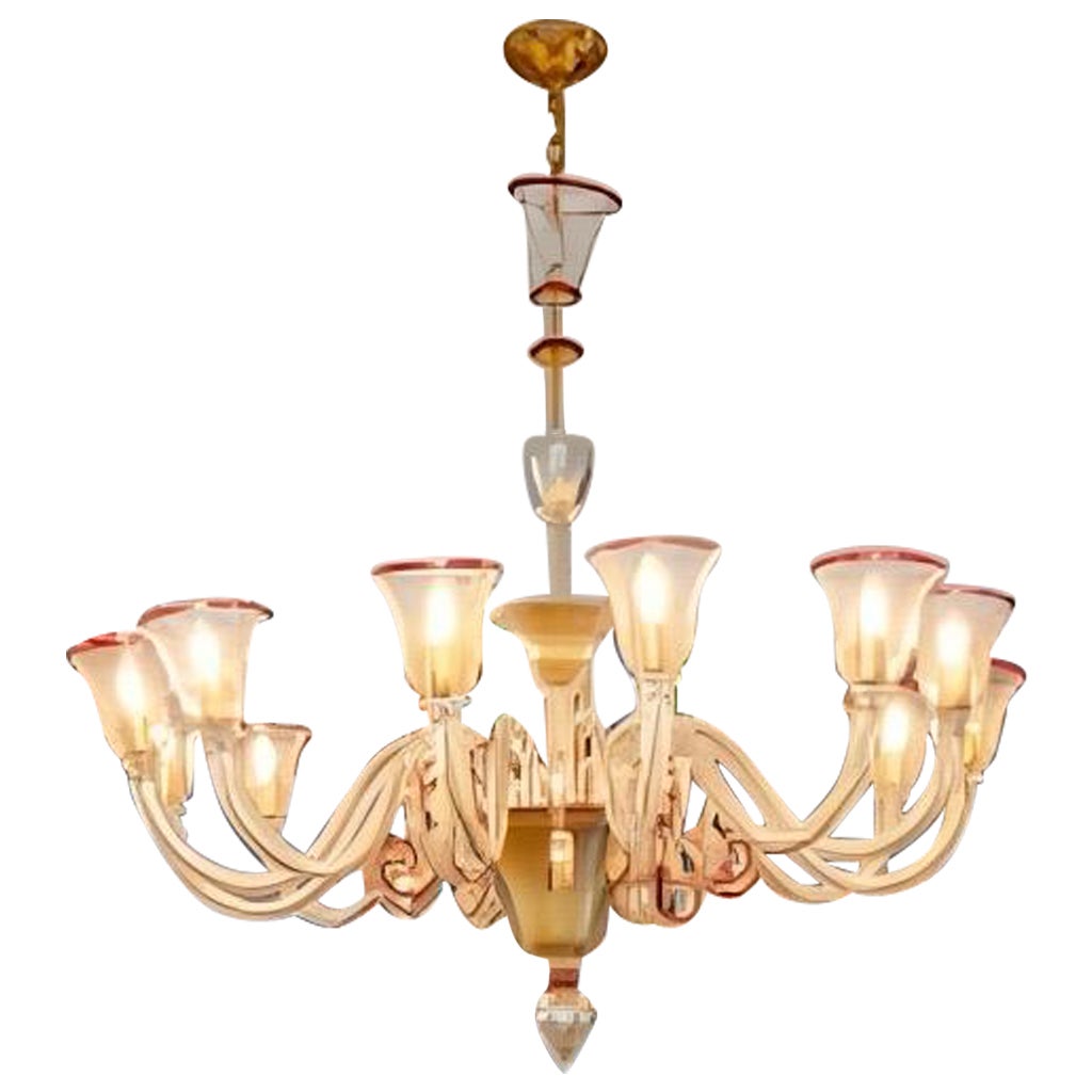 Lampadario a 12 bracci di Murano in oro e rosso rubino in vendita