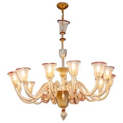 Lampadario a 12 bracci di Murano in oro e rosso rubino
