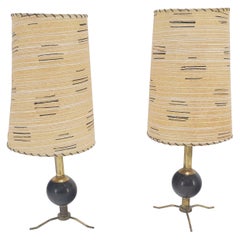 Atomic Nucleus Ball Shape on Brass Tripod Legs Stitched Shades Table Lamps MINT!