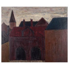 Peder Brøndum Sørensen. Olio su tavola. "Case oscure". 1964.
