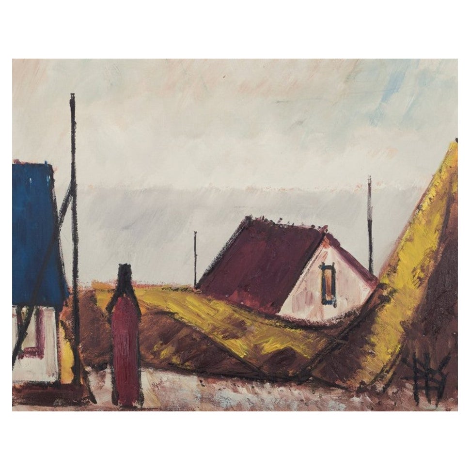 Peder Brøndum Sørensen. Olio su tela. "Figure di case e di mare". 1977.