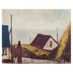 Peder Brøndum Sørensen. Öl auf Leinwand. „Figure by Houses and Sea“. 1977.
