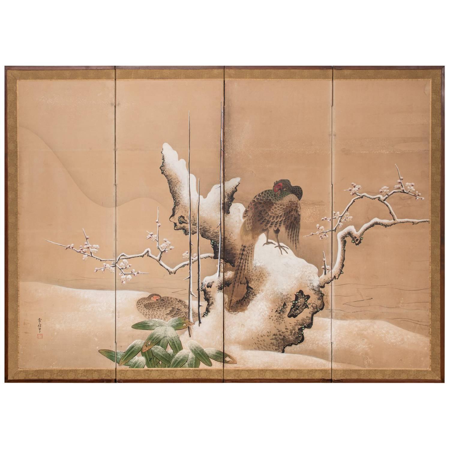Japanese Four Panel Screen: Pheasants in Ancient Plum in Snowy Landscape For Sale