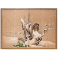 Antique Japanese Four Panel Screen: Pheasants in Ancient Plum in Snowy Landscape