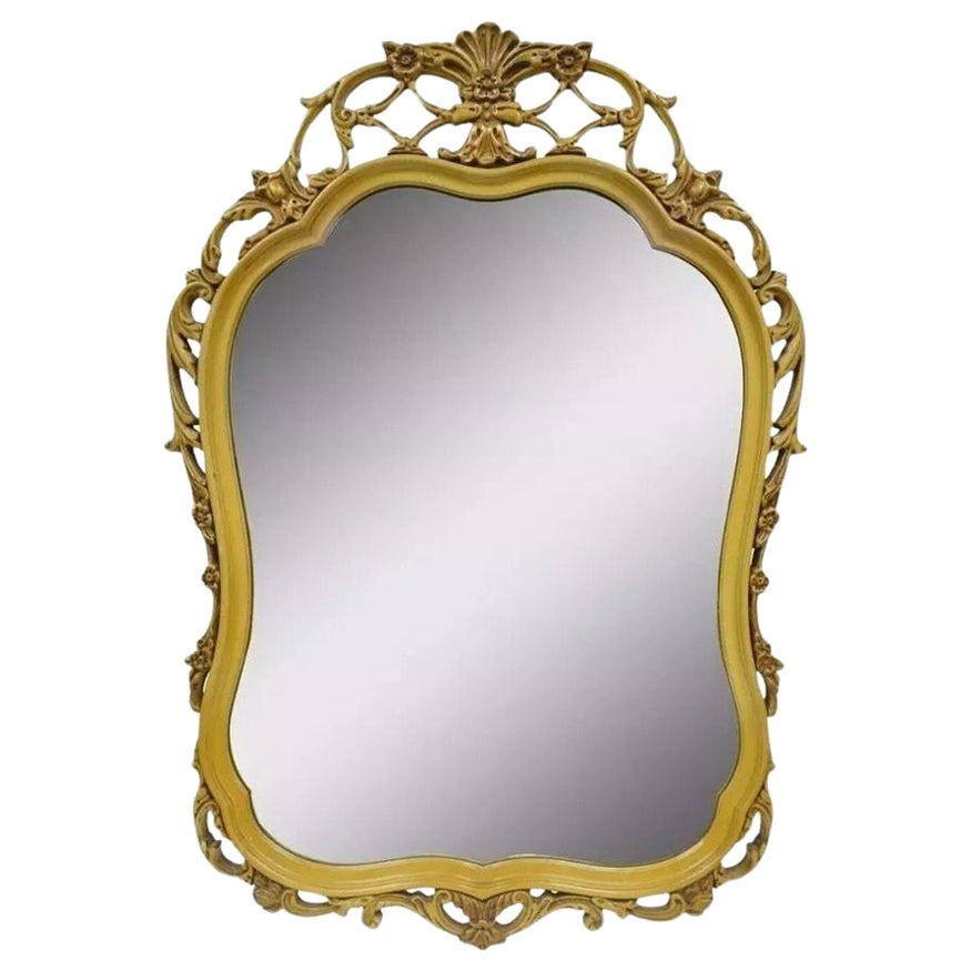 Vintage French Louis XV Style Floral Carved Wood Yellow Painted Wall Mirror