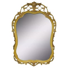 Vintage French Louis XV Style Floral Carved Wood Yellow Painted Wall Mirror