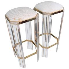 Lucite Brass Pair of Barstools in the Manner of Charles Hollis Jones, Counter 