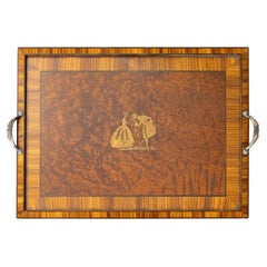 Ancien plateau de service en bois de ronce anglais avec Intarsia, circa 1920
