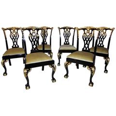 Chippendale Black Lacquered and Gilded Dining Chairs, S/8