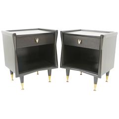 Pair of Ebonized Nightstands with Brass Hardware