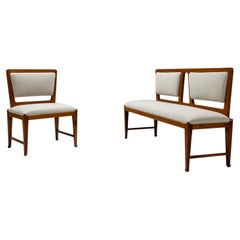 Banc et chaise d'appoint en bois de cerisier et tapisserie Off-White, Italie, années 1950