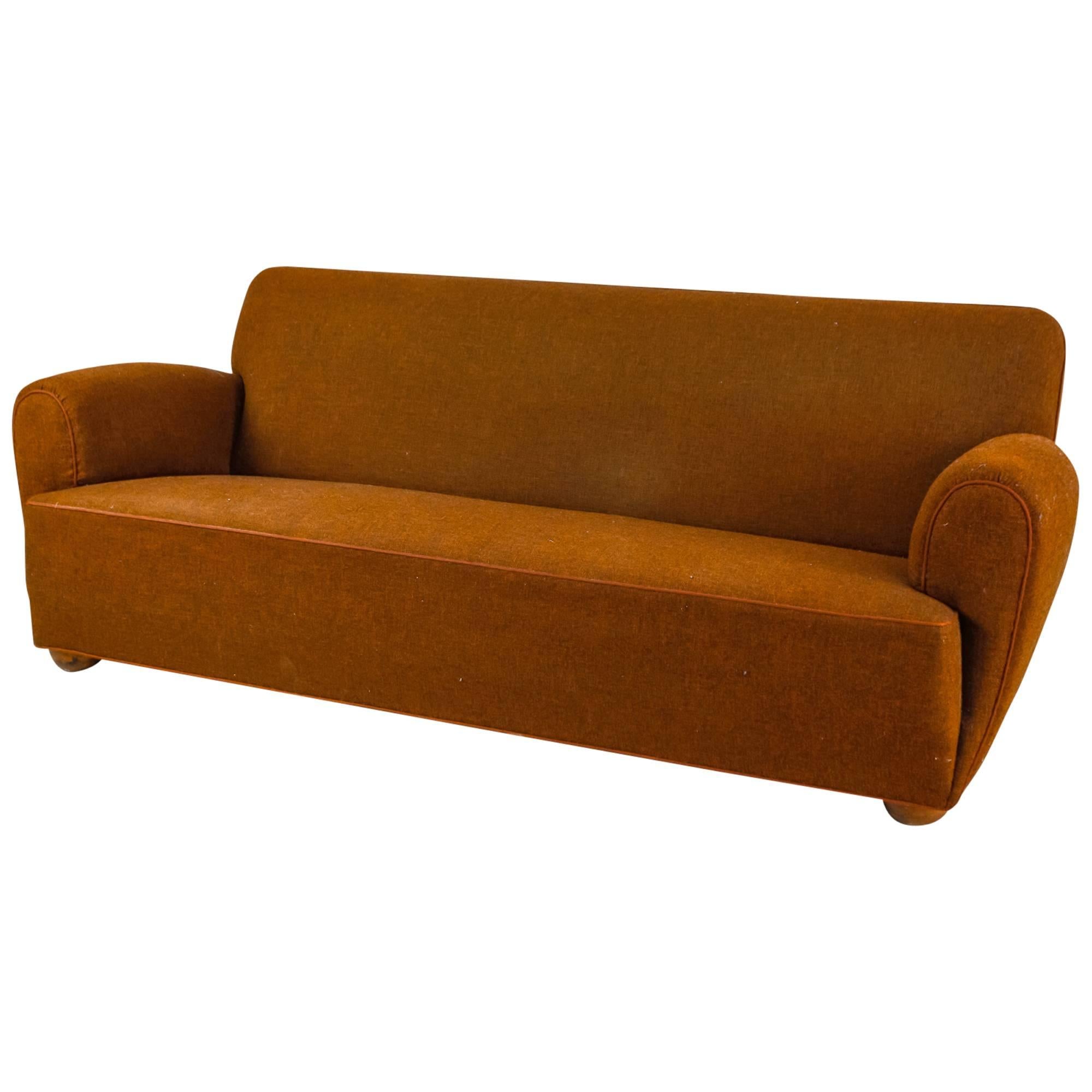 Danish Rounded Three-Seat Sofa with Brown Wool Upholstery, 1940s For Sale