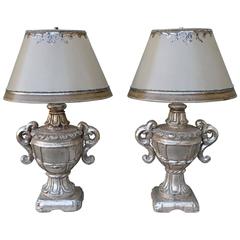 Pair of Italian Silver Gilt Urn Lamps with Parchment Shades