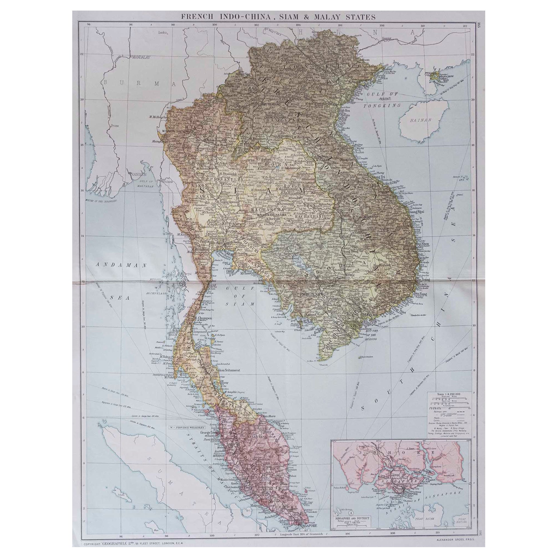 Große Original-Vintage-Vintage-Karte von Südostasien, mit einer Vignette von Singapur im Angebot