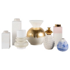Set/7 Resin and Ceramic Pots & Vases White Gold Handmade Portugal Lusitanus Home