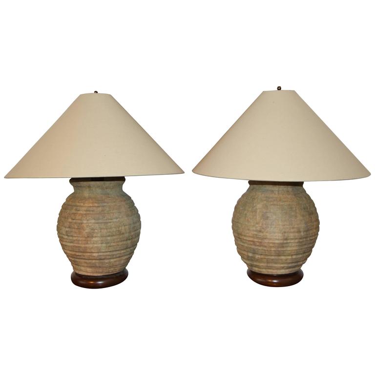 Pair of Ribbed Stone Ware Pottery Lamps For Sale at 1stdibs