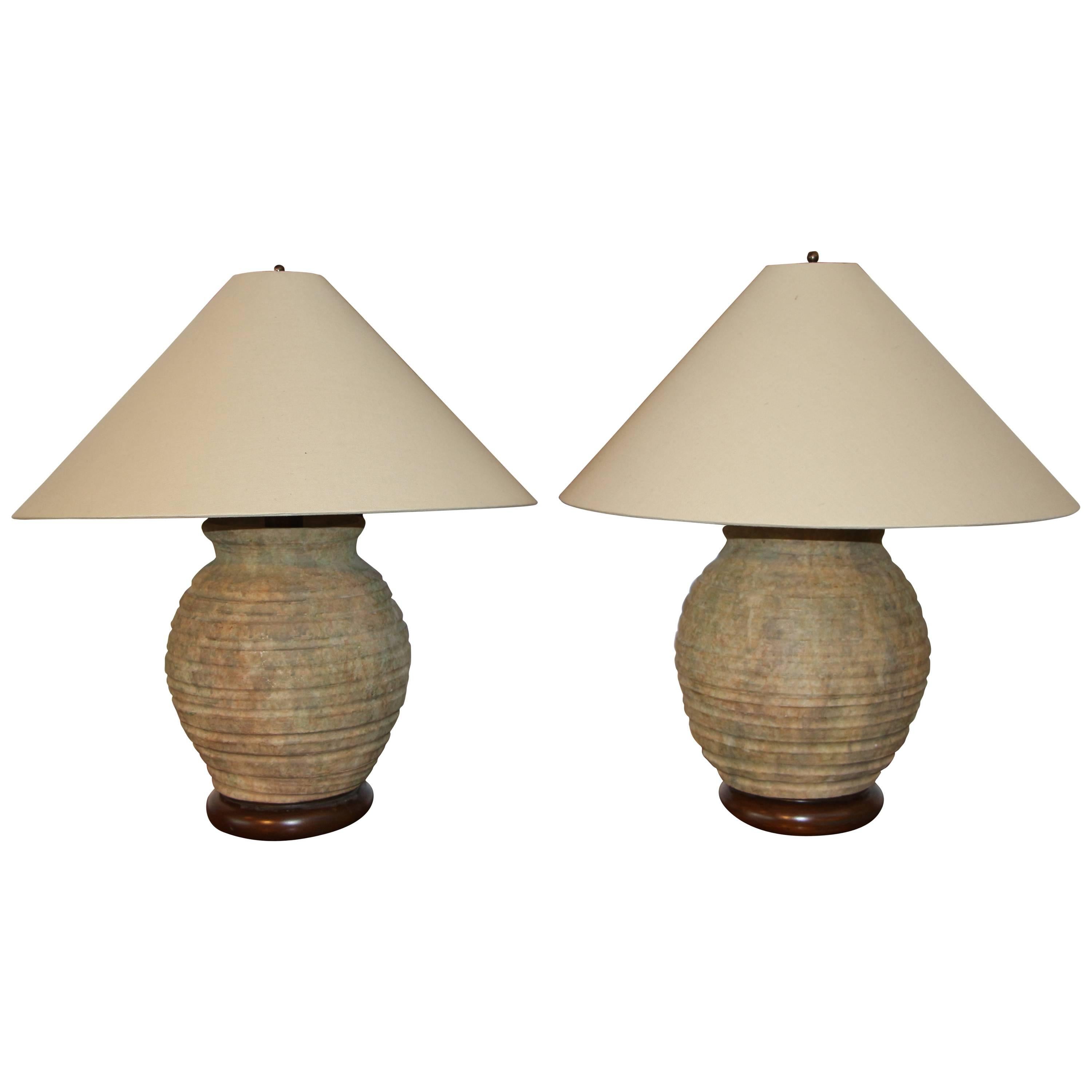 Pair of Ribbed Stone Ware Pottery Lamps