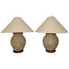 Pair of Ribbed Stone Ware Pottery Lamps 11