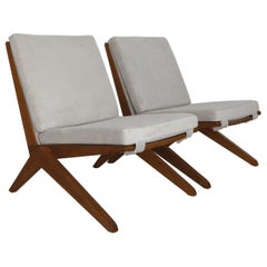 Midcentury Pierre Jeanneret Style French Wood Velvet Armchairs 1950s