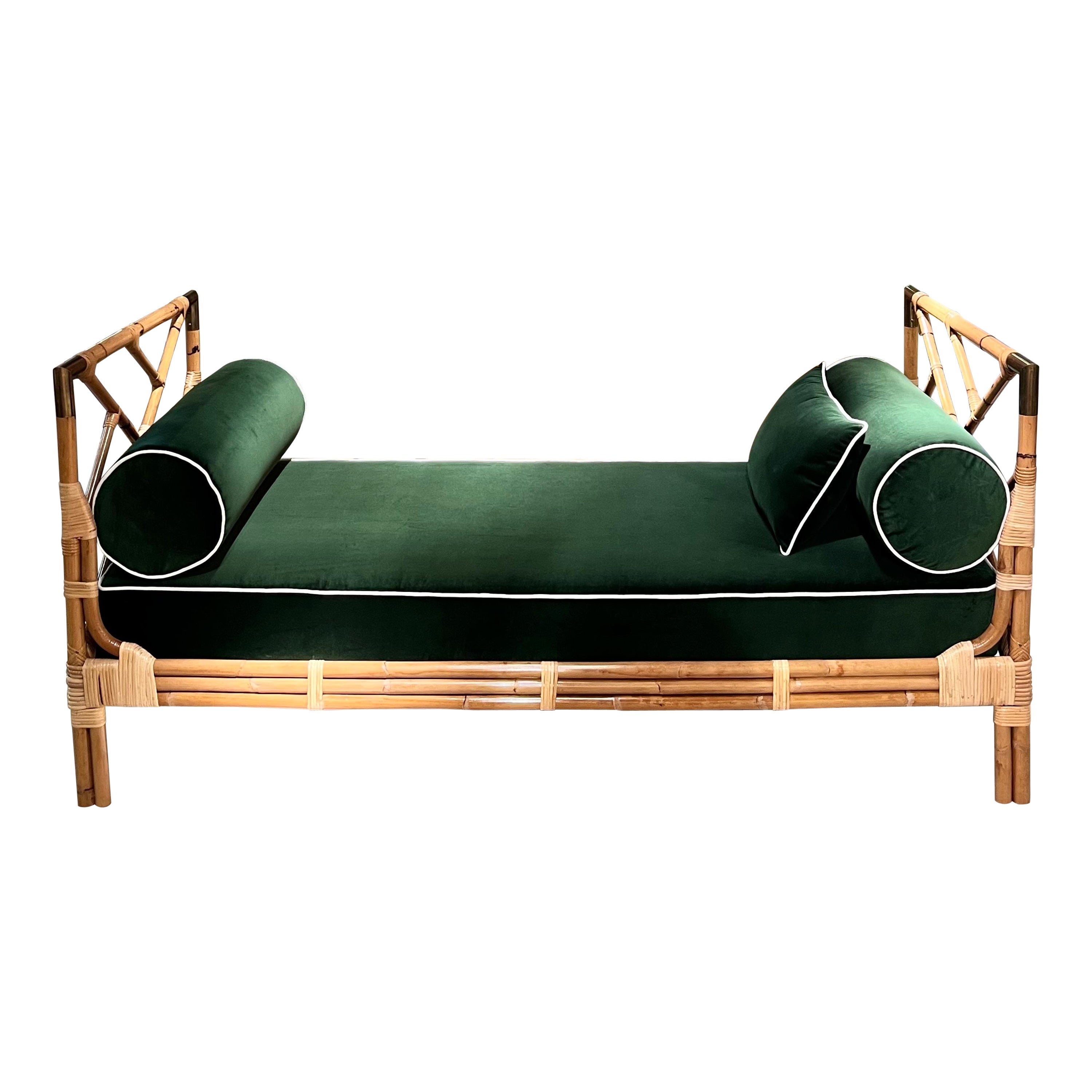 1970s French Daybed: Bamboo, Brass, and Green Velvet Fabric