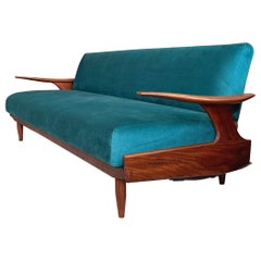 Mid Century Modern Teak and Velvet Sofa Bed by Greaves and Thomas
