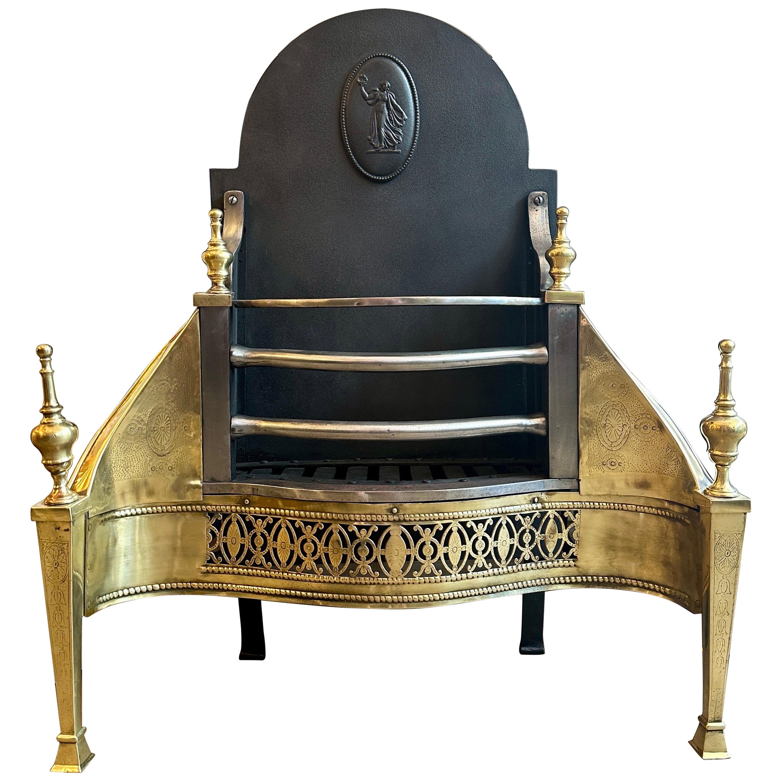 An English Antique Fire Grate In Engraved Brass And Polished Steel