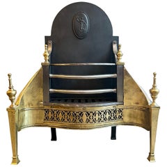 An English Antique Fire Grate In Engraved Brass And Polished Steel