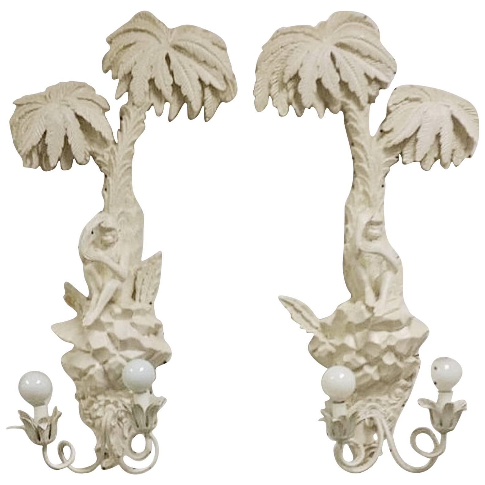 Monkey Sconces Pair French Palm Tree Wall Lights Style of Serge Roche Palm Beach