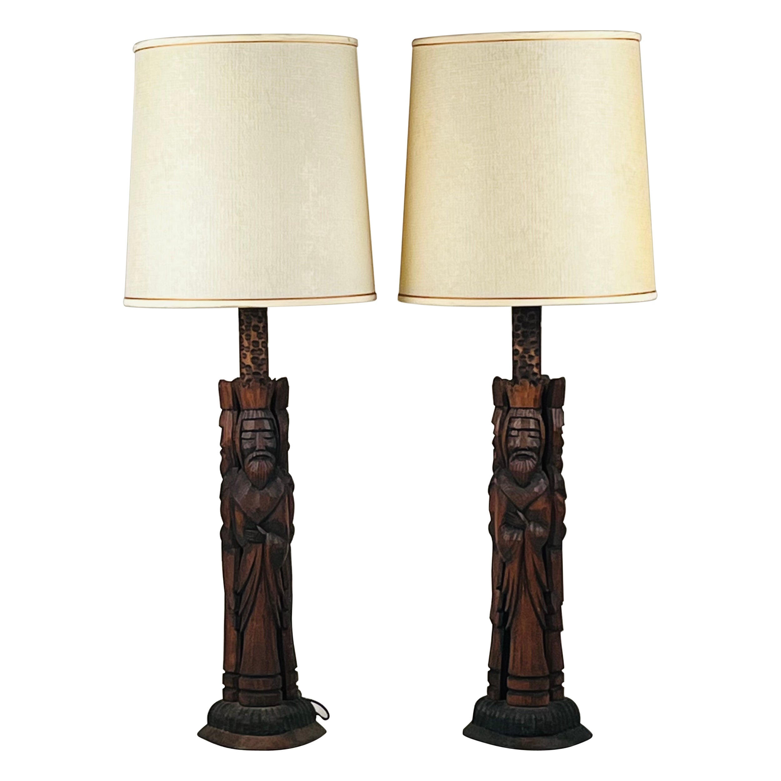 Pair of Tall Hand-Carved Wood Lamps from Spain with Original Shades