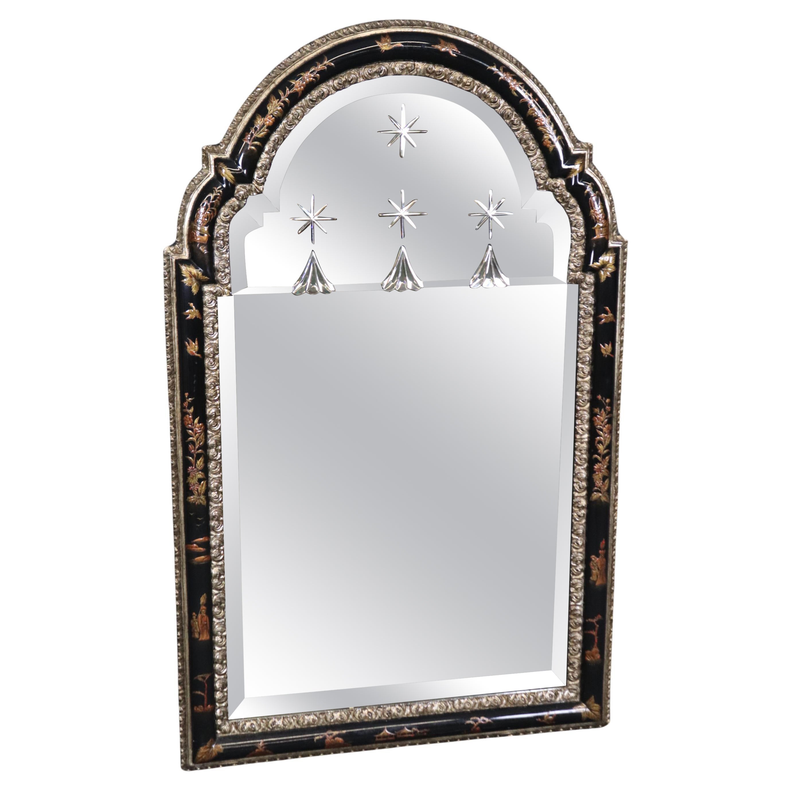 Ebonized Black Lacquered Maison Jansen Style Chinoiserie Etched Glass Mirror
