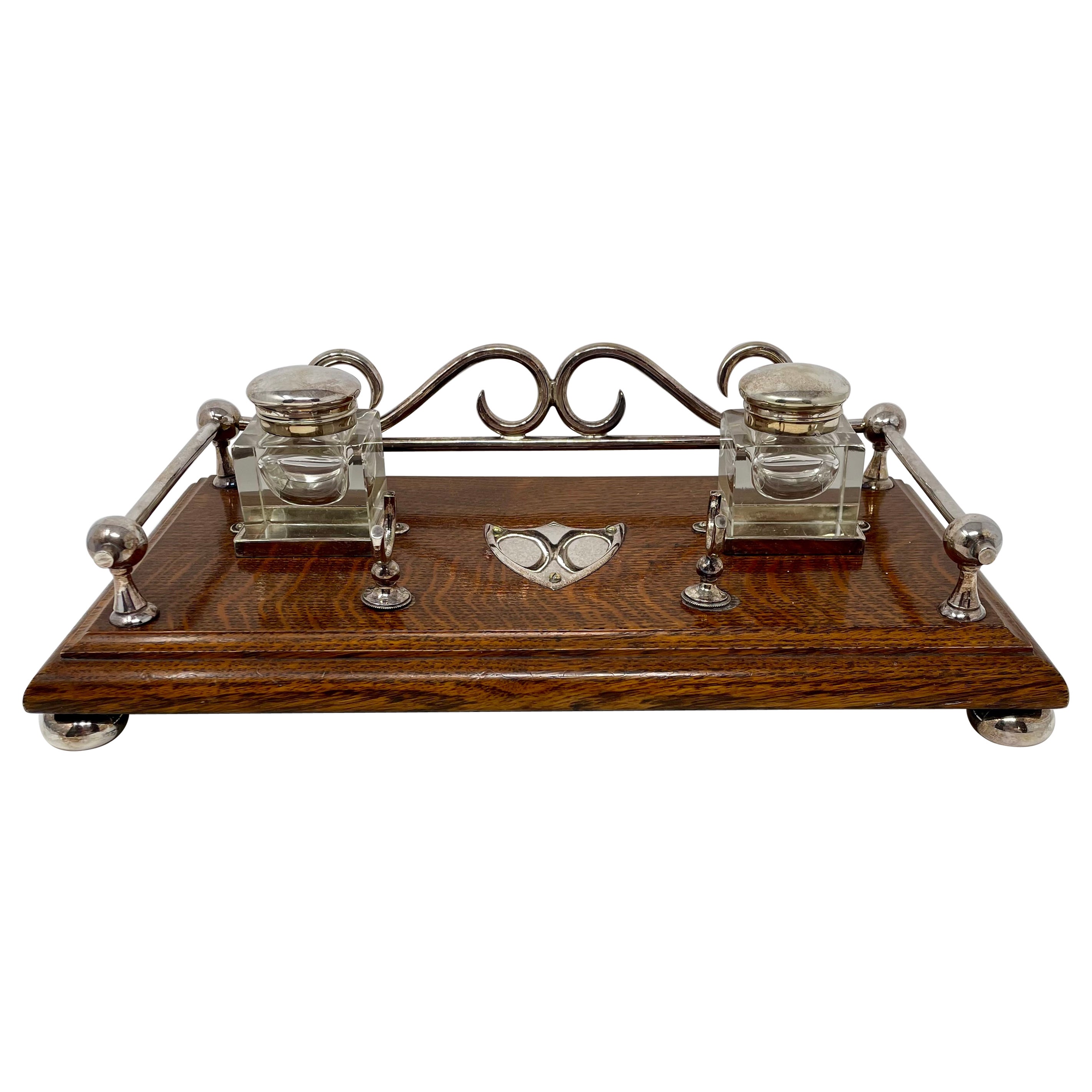 Antique English Oak and Silver-Plated Inkwell, Circa 1890's.
