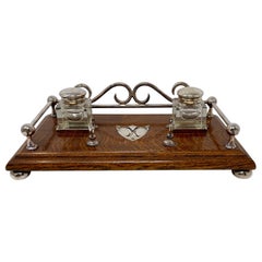 Antique English Oak and Silver-Plated Inkwell, Circa 1890's.