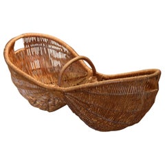 Antique Early 20th Century French Grape Harvest Wicker Basket with Bamboo Handle