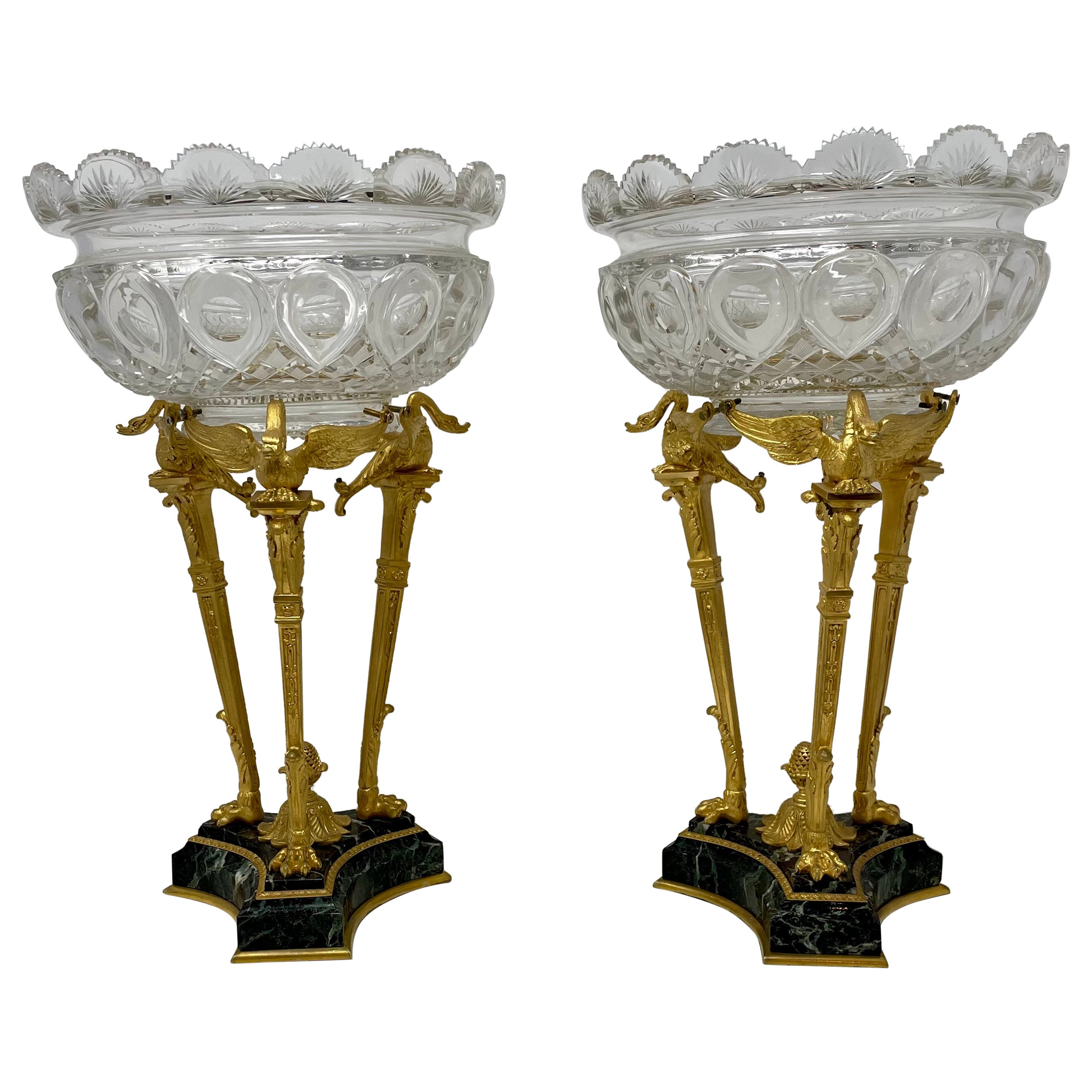 Coppia Antique French Bronze D'ore Mounted Crystal Coupes on Marble Bases Ca. 1890