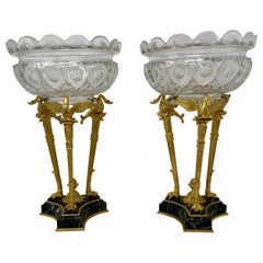 Coppia Antique French Bronze D'ore Mounted Crystal Coupes on Marble Bases Ca. 1890